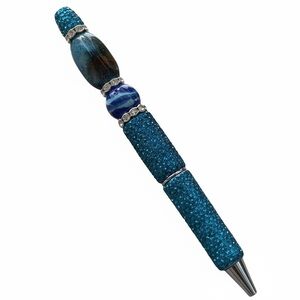 Handcrafted Blue/Teal Glass/Stone Beaded Pen with Silver Accents